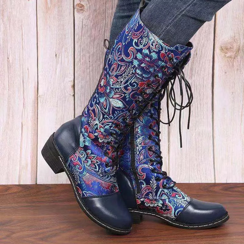 Embroidered Lace Up Block Heel Boots styled on the model
