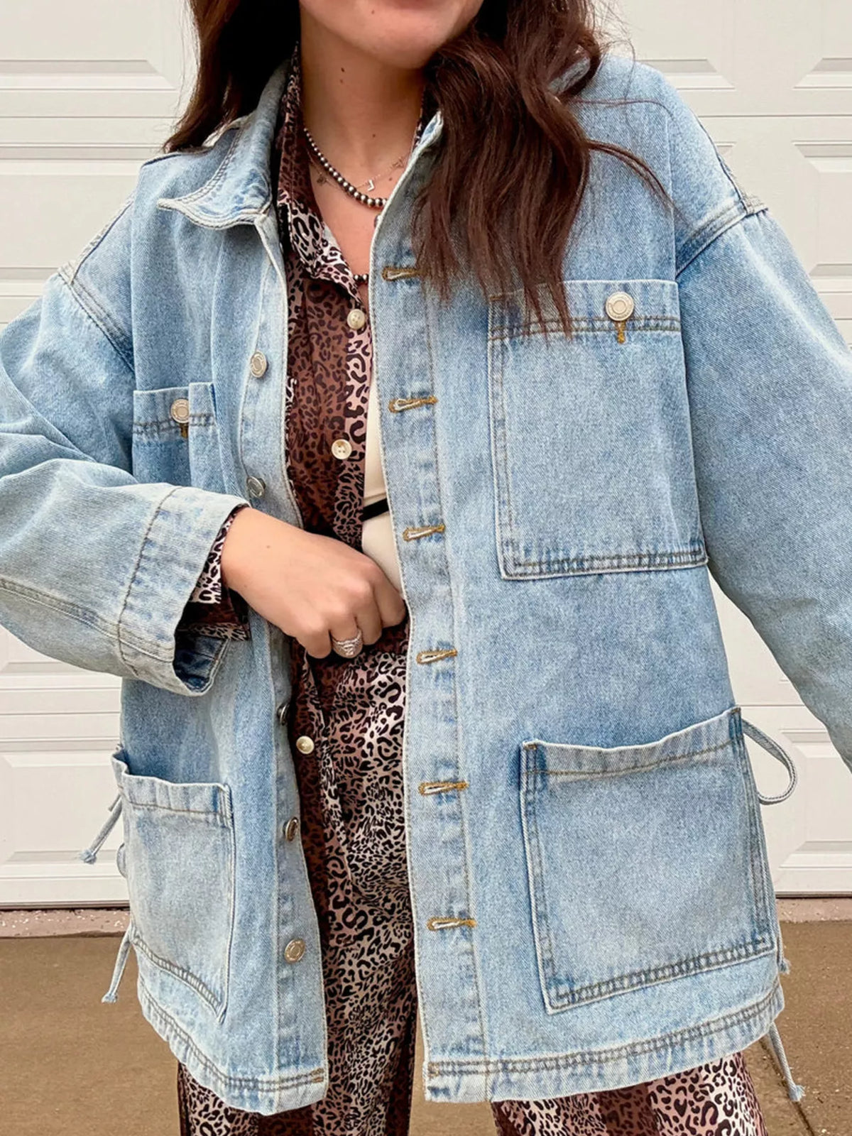 Patch Pocket Side Tie Denim Jacket in Medium Wash