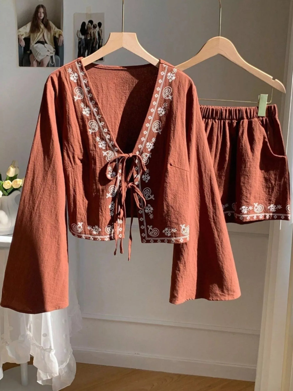 Embroidered Tie Front Top and Shorts Set, view 8