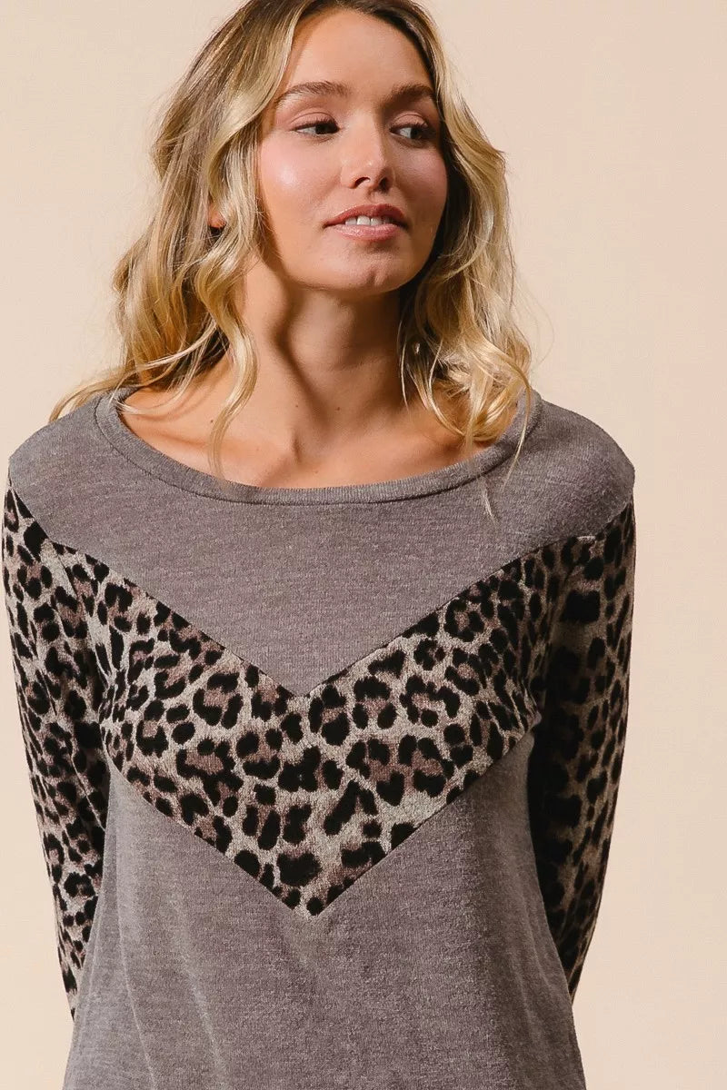 Leopard Color Block Sweater Knit Top in Mocha close up