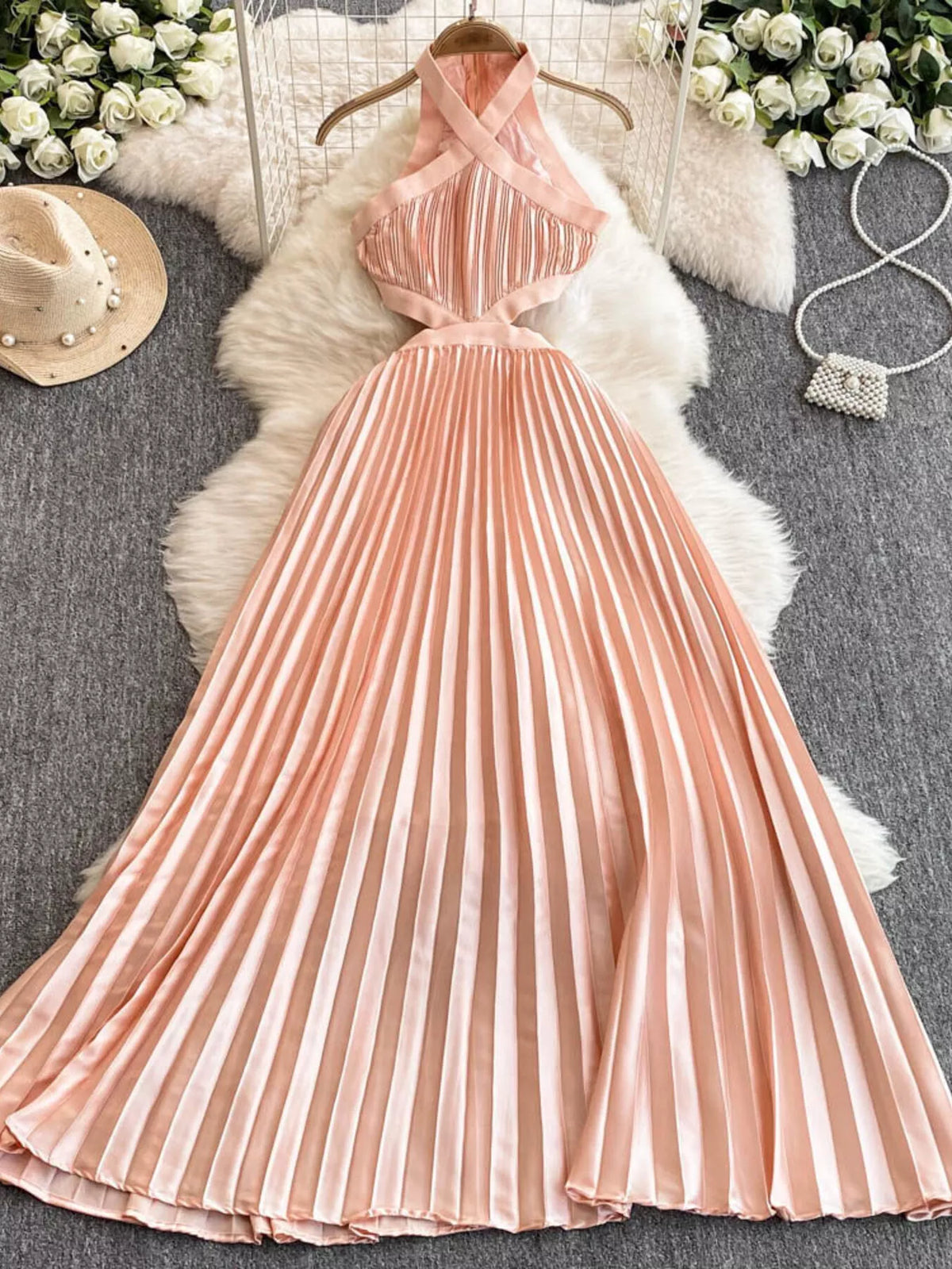 Halter neck pleated maxi dress styled detail