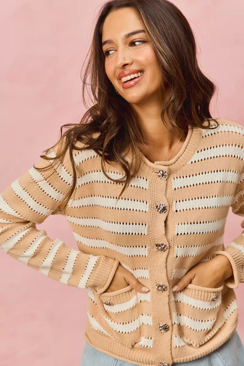 Striped Button Down Cardigan in White and Beige back view