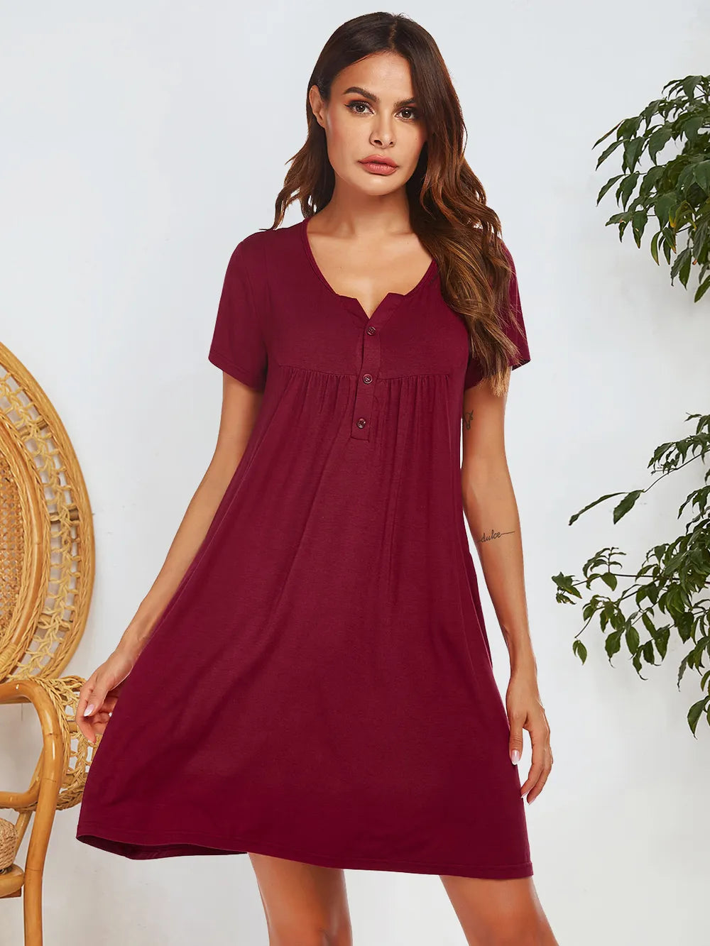 Notched Short Sleeve Mini Lounge Dress Burgundy - Fashorio