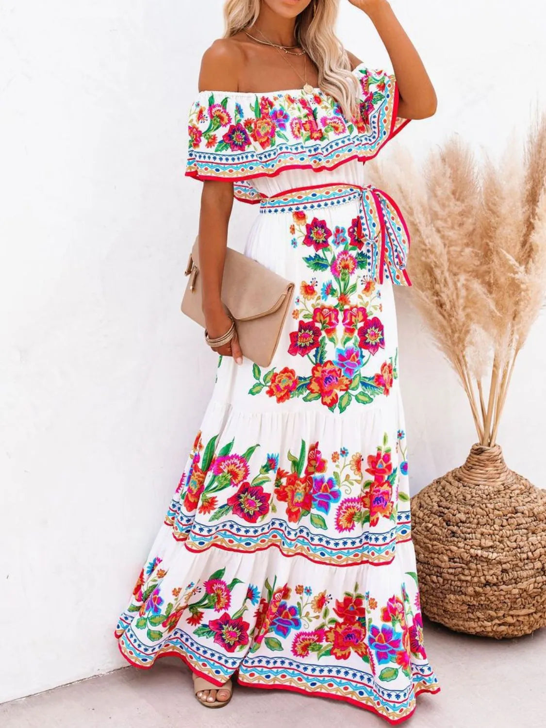 Floral off shoulder ruffle maxi dress side view