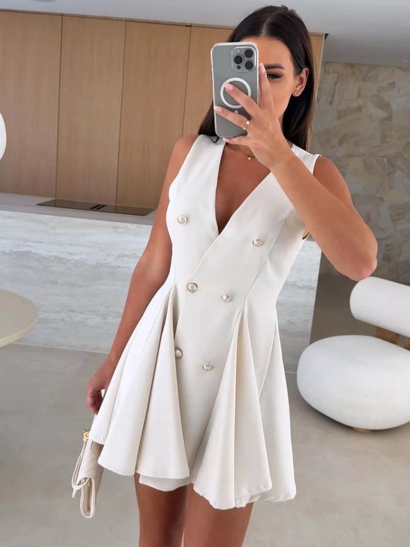 Beige double breasted V neck pleated mini dress front view
