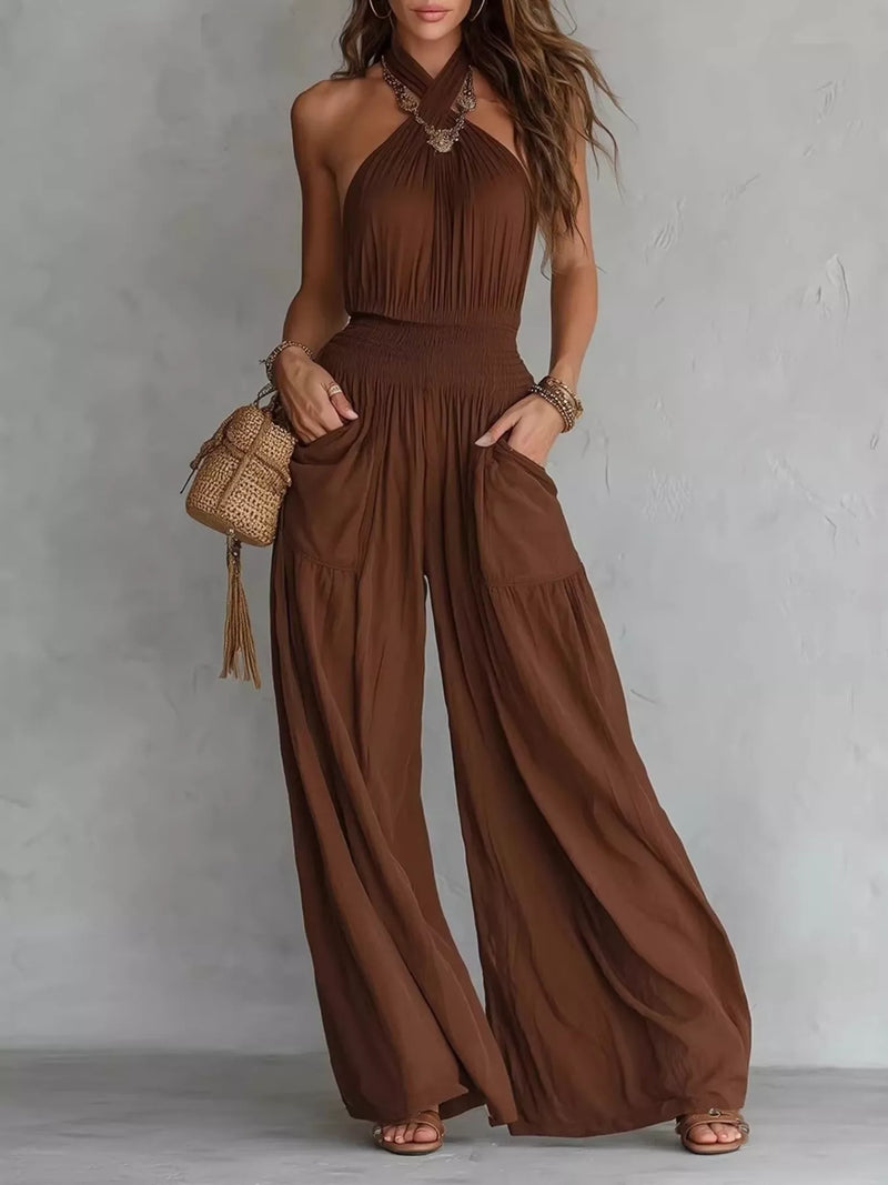 Halter neck wide leg jumpsuit front view