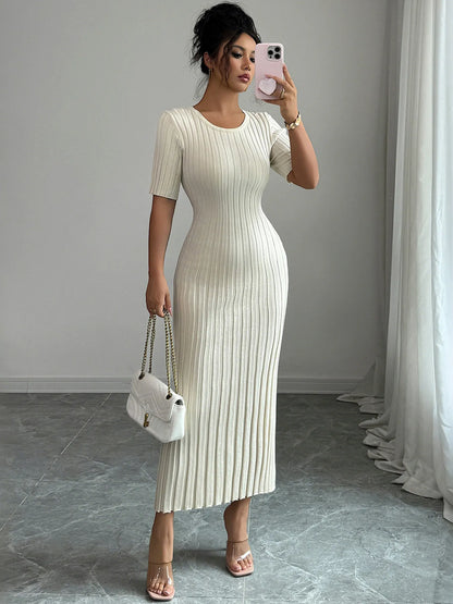 Round Neck Short Sleeve Sweater Dress - Fashorio