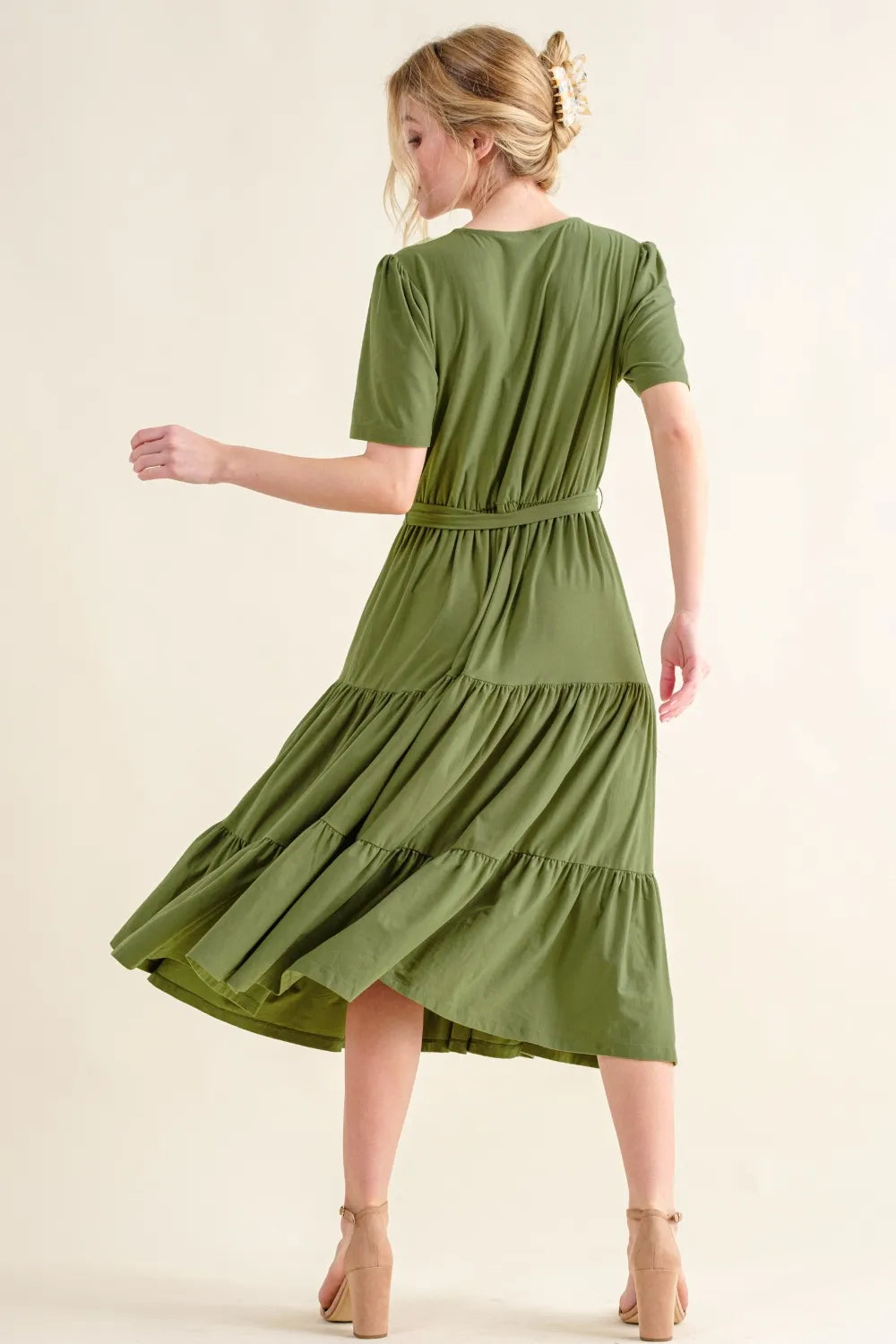 Soft Short Sleeve Tiered Midi Dress back view