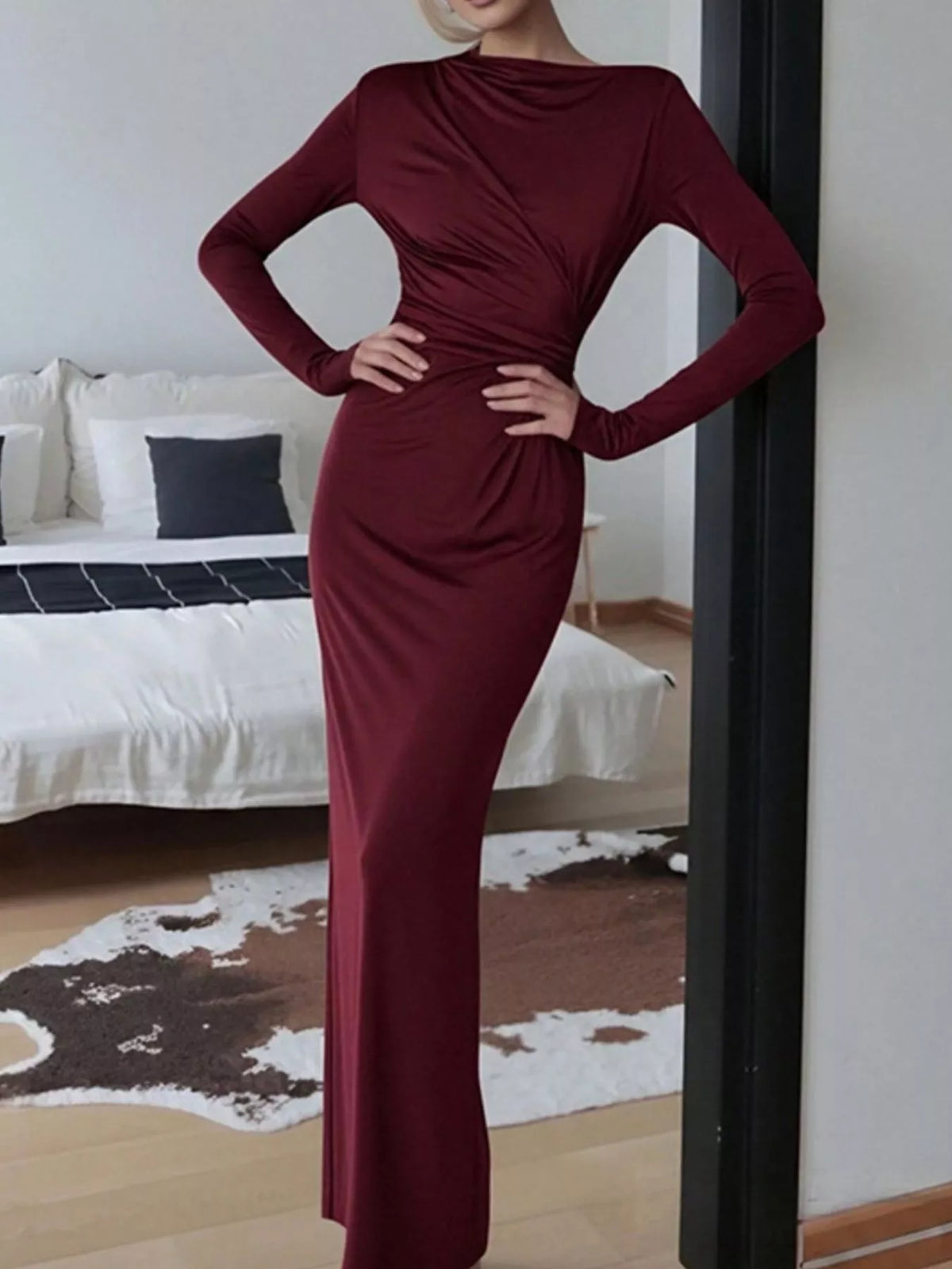ruched long sleeve bodycon maxi dress styled look