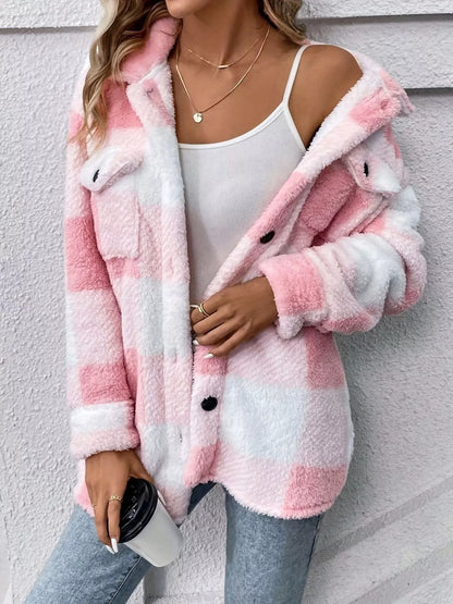Plaid Fleece Button-Up Outerwear - Fashorio