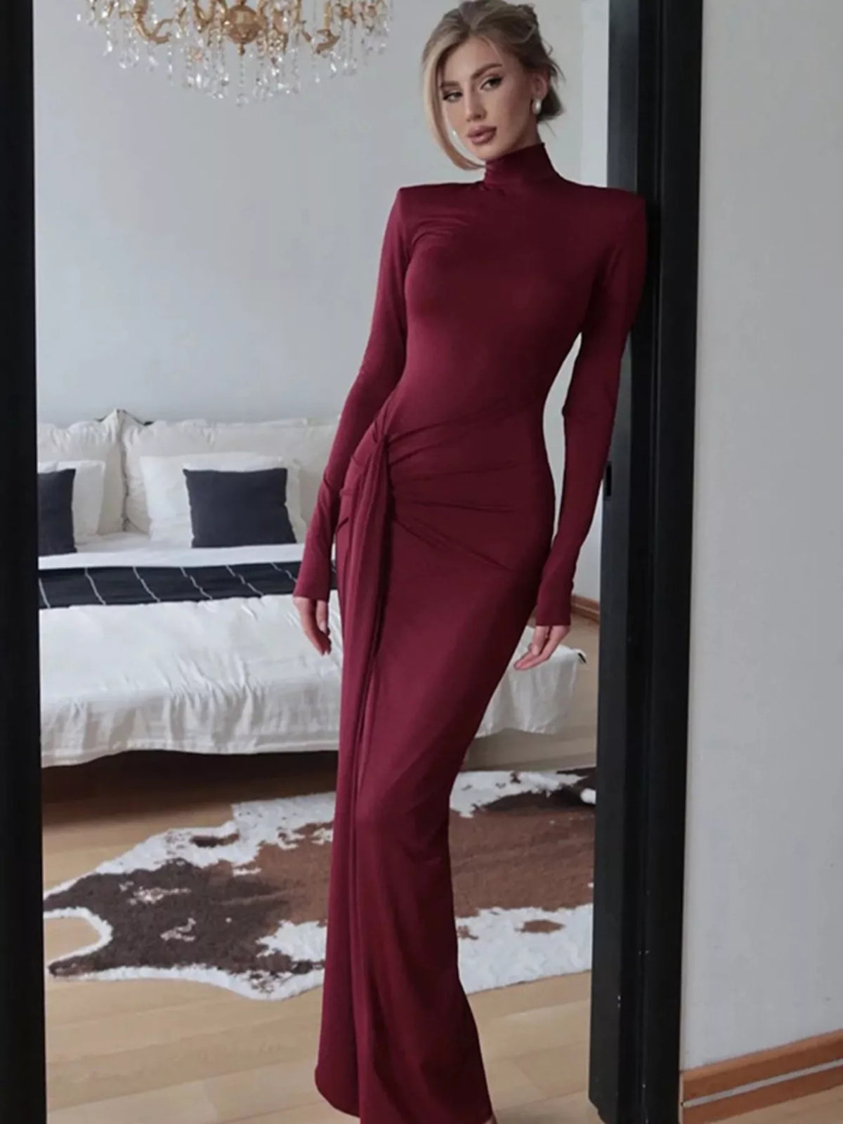 Turtleneck Long Sleeve Tie Waist Maxi Dress view 11