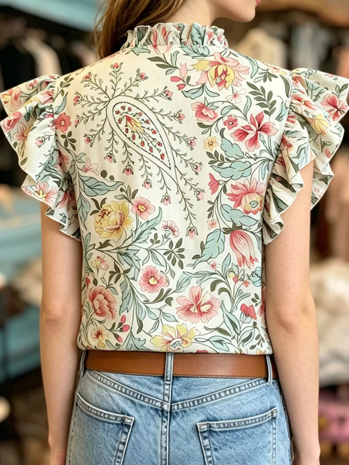 Printed ruffle sleeve blouse styled outfit view