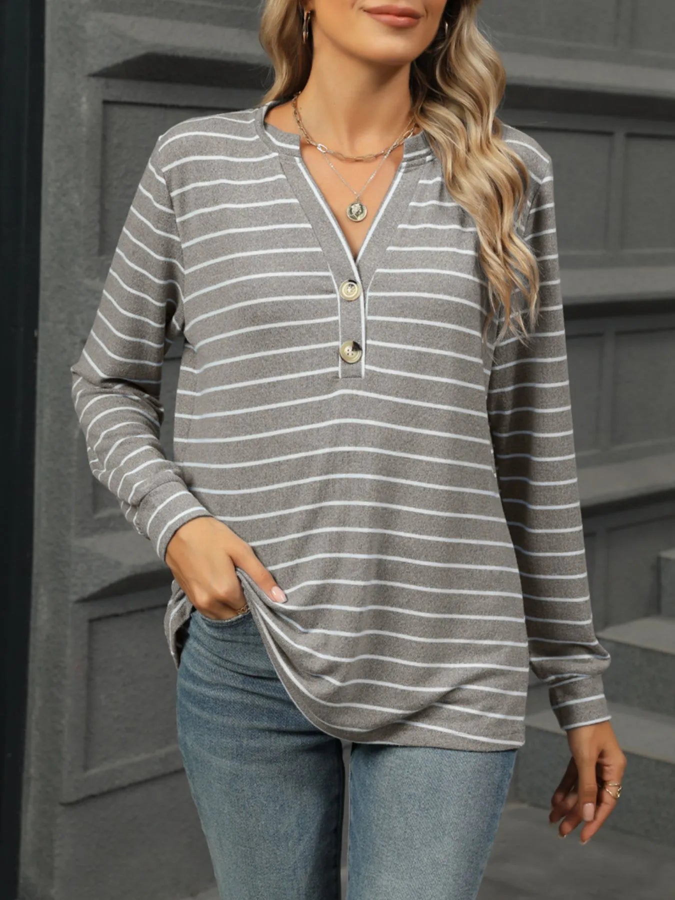 Striped Henley T-Shirt with Button Detail Gray - Fashorio