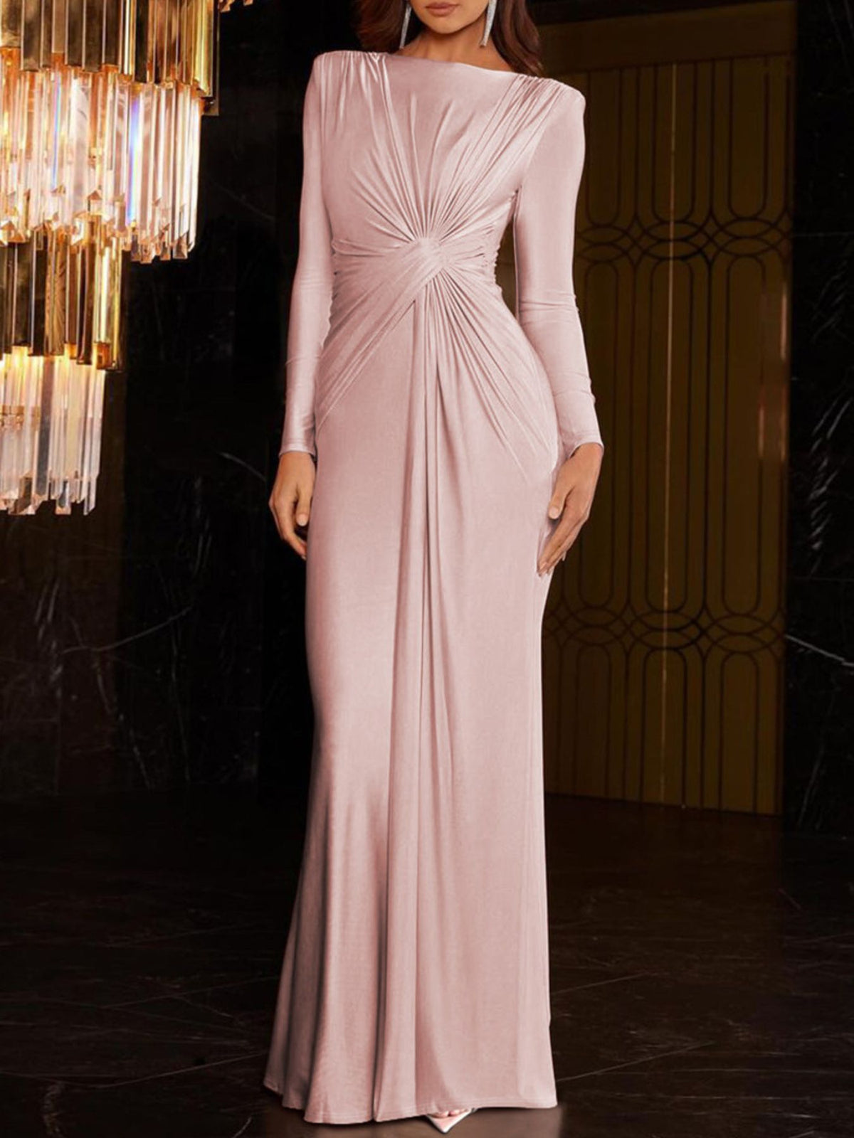Ruched knot front long sleeve maxi dress ruching detail