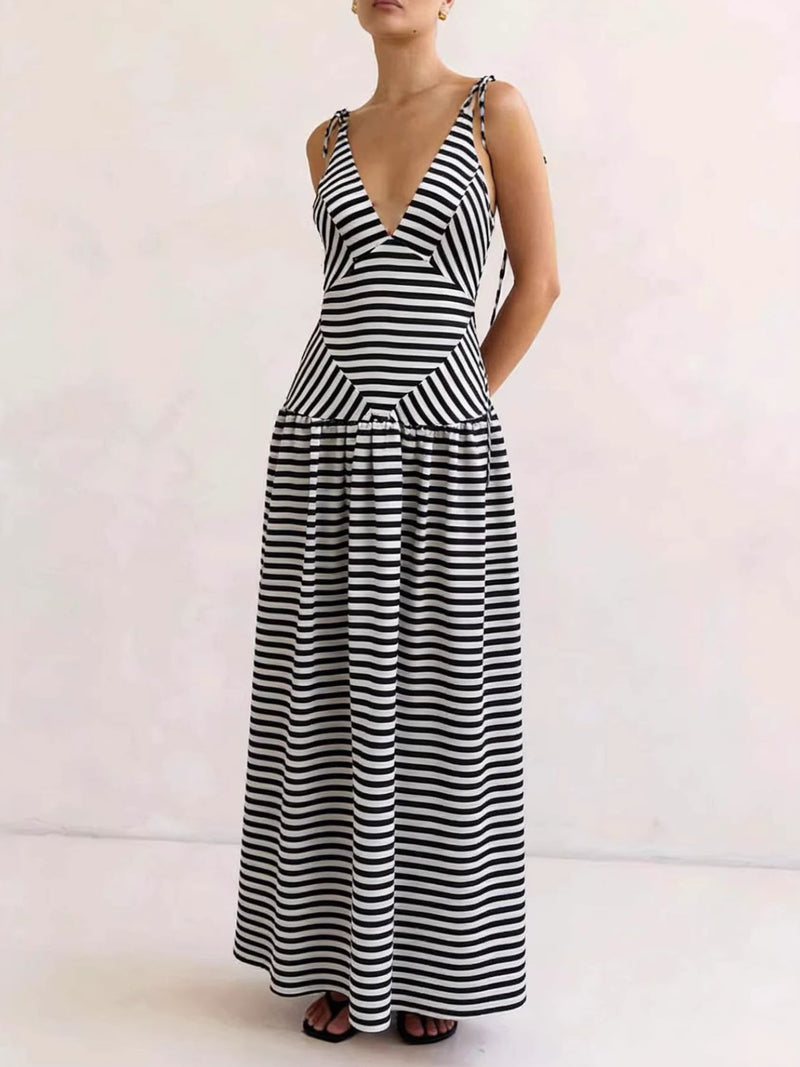 Striped v neck tie shoulder maxi dress front view