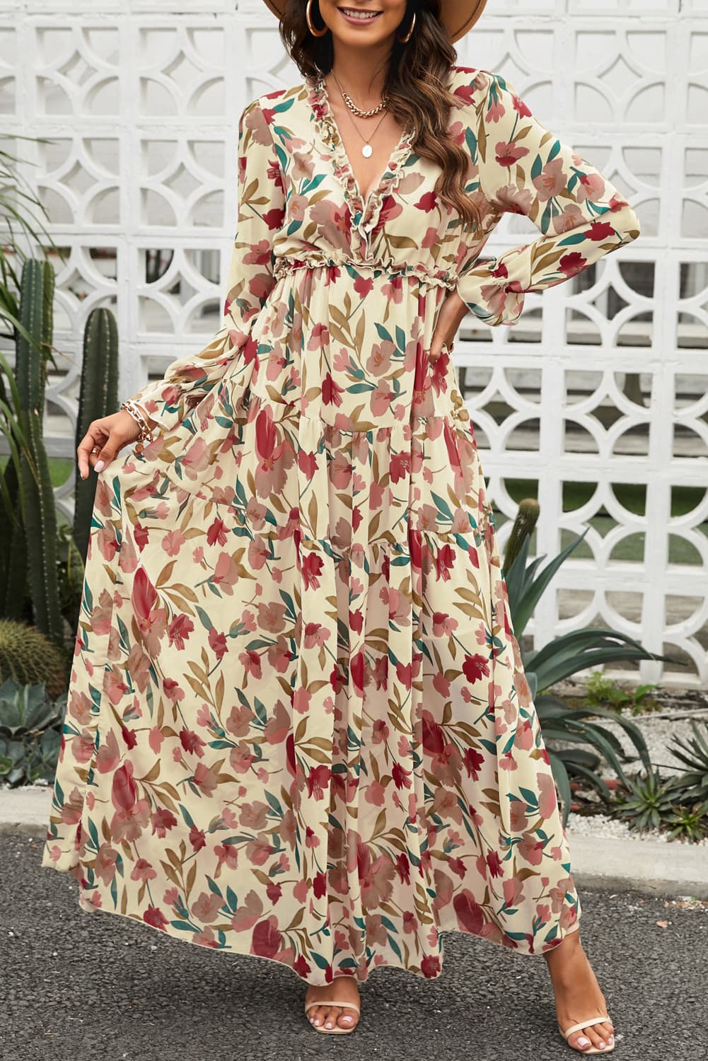 Floral Frill Trim Flounce Sleeve Plunge Maxi Dress Sand - Fashorio