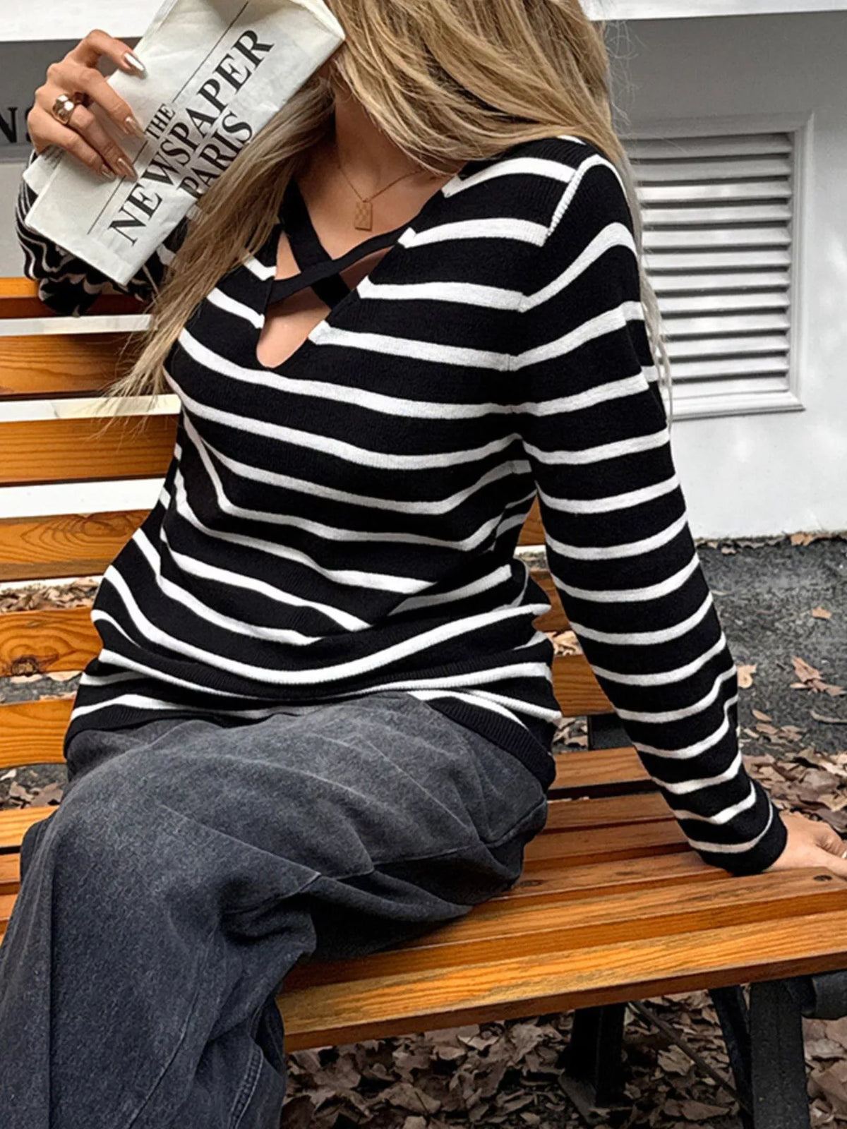 Striped cross front top styled with jeans