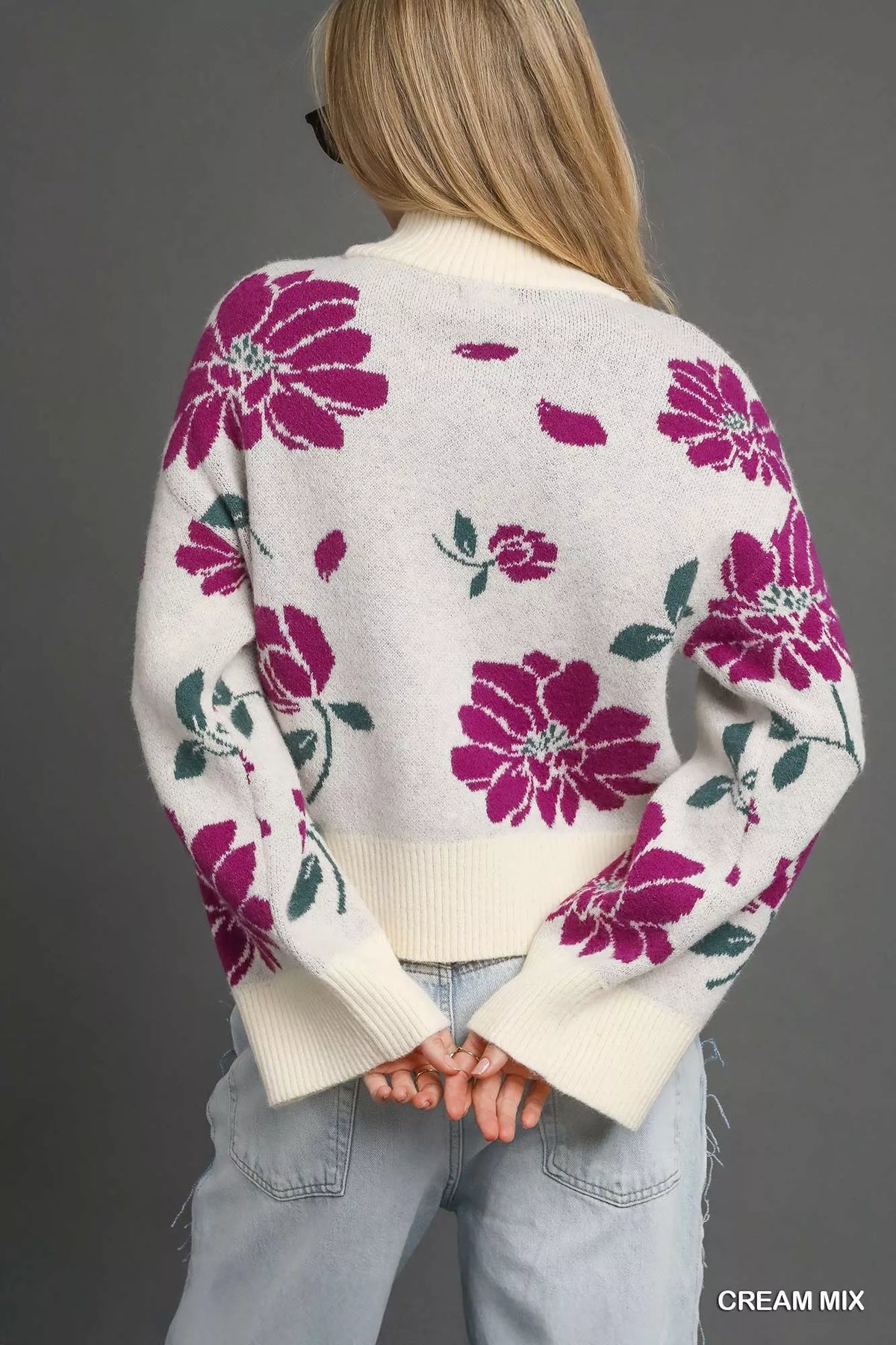 Floral Pattern Mock Neck Sweater in Cream side view