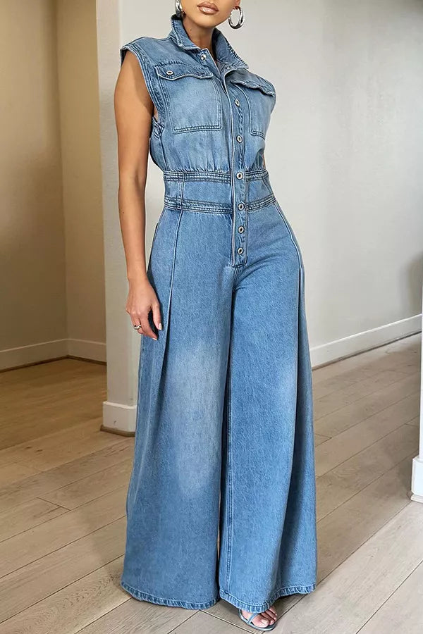Blue sleeveless wide leg denim jumpsuit front view