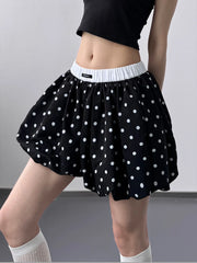Polka Dot Bubble Shorts with Elastic Waistband Black - Fashorio