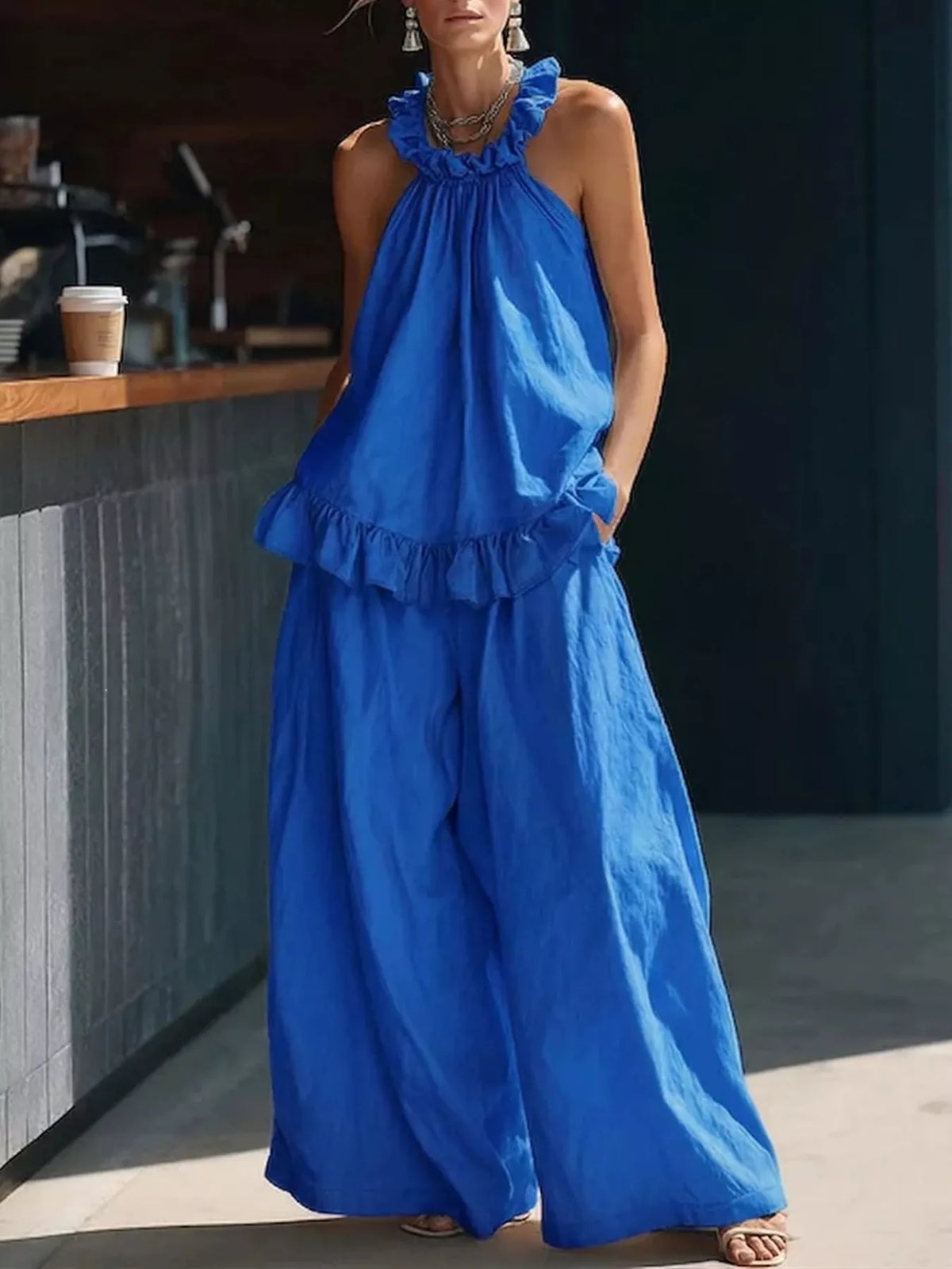 Ruffled halter top and wide leg pants set blue front view
