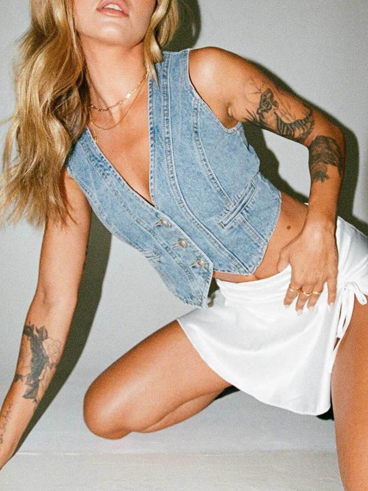 V Neck Button Up Denim Vest in Light Wash styled look