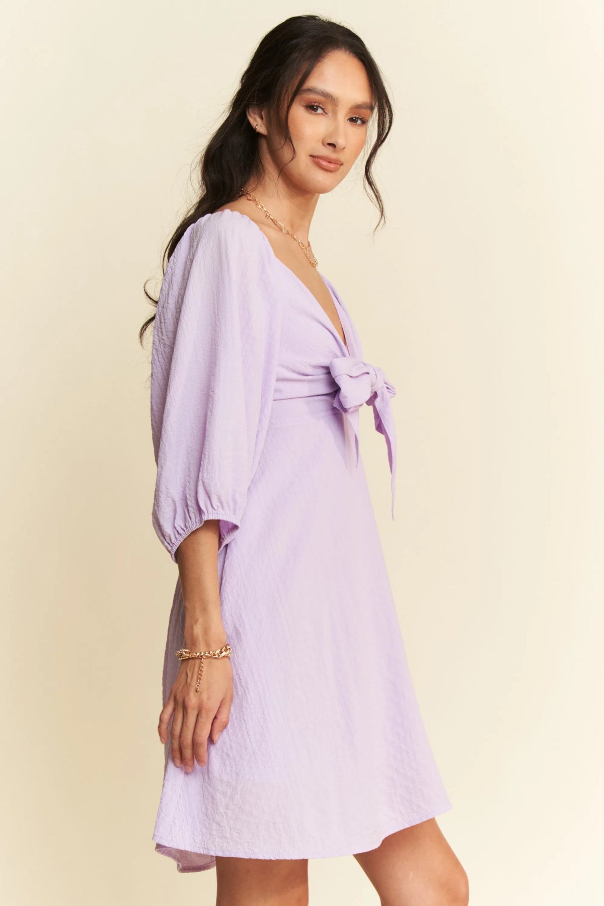 Self Tie Puff Sleeve Smocking Open Back Mini Dress detail