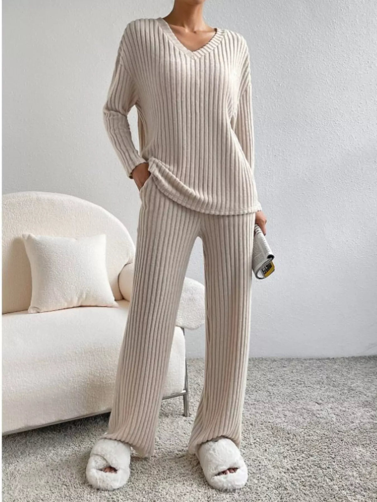 Ribbed knit two piece set V neck top and pants full look