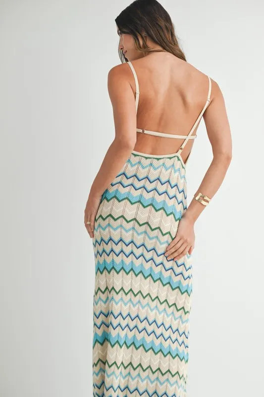 MABLE Lightweight Pointelle Chevron Knit Maxi Dress - Fashorio