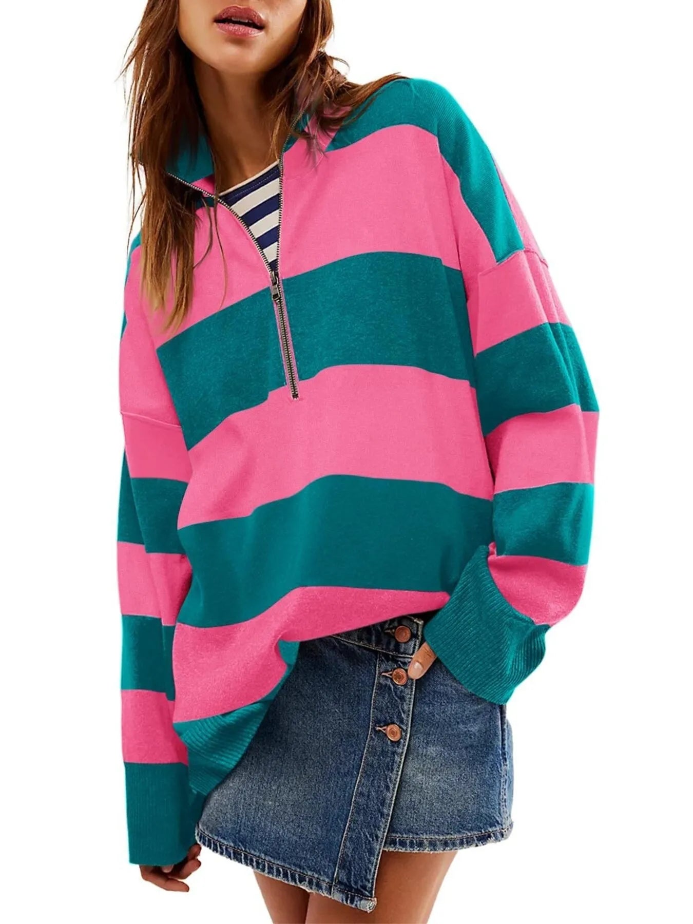 Striped Half-Zip Oversized Sweatshirt - Fashorio