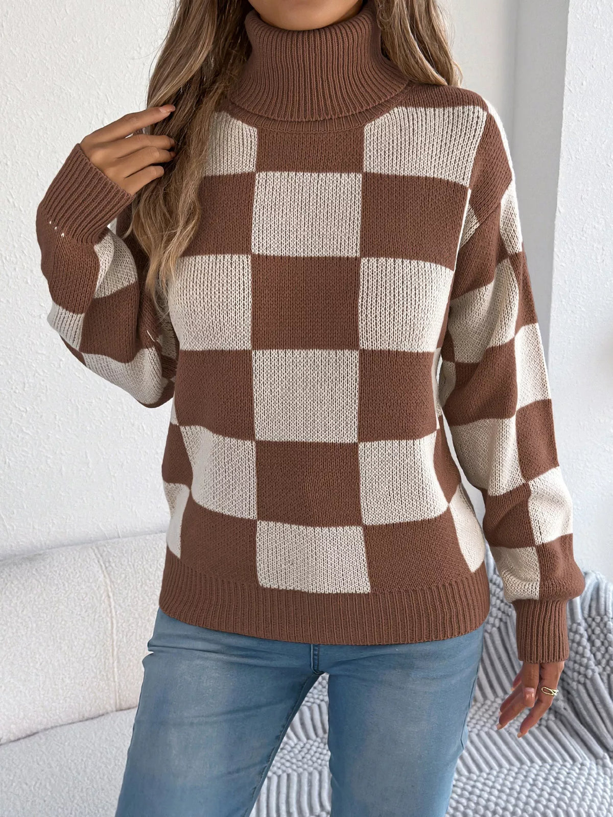 Checkered Turtleneck Long Sleeve Sweater view 15