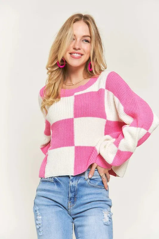 Checkered Color Block Sweater Top Plus Size in Pink back view