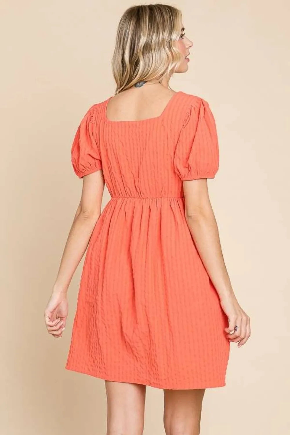 Textured Square Neck Short Sleeve Dress back view