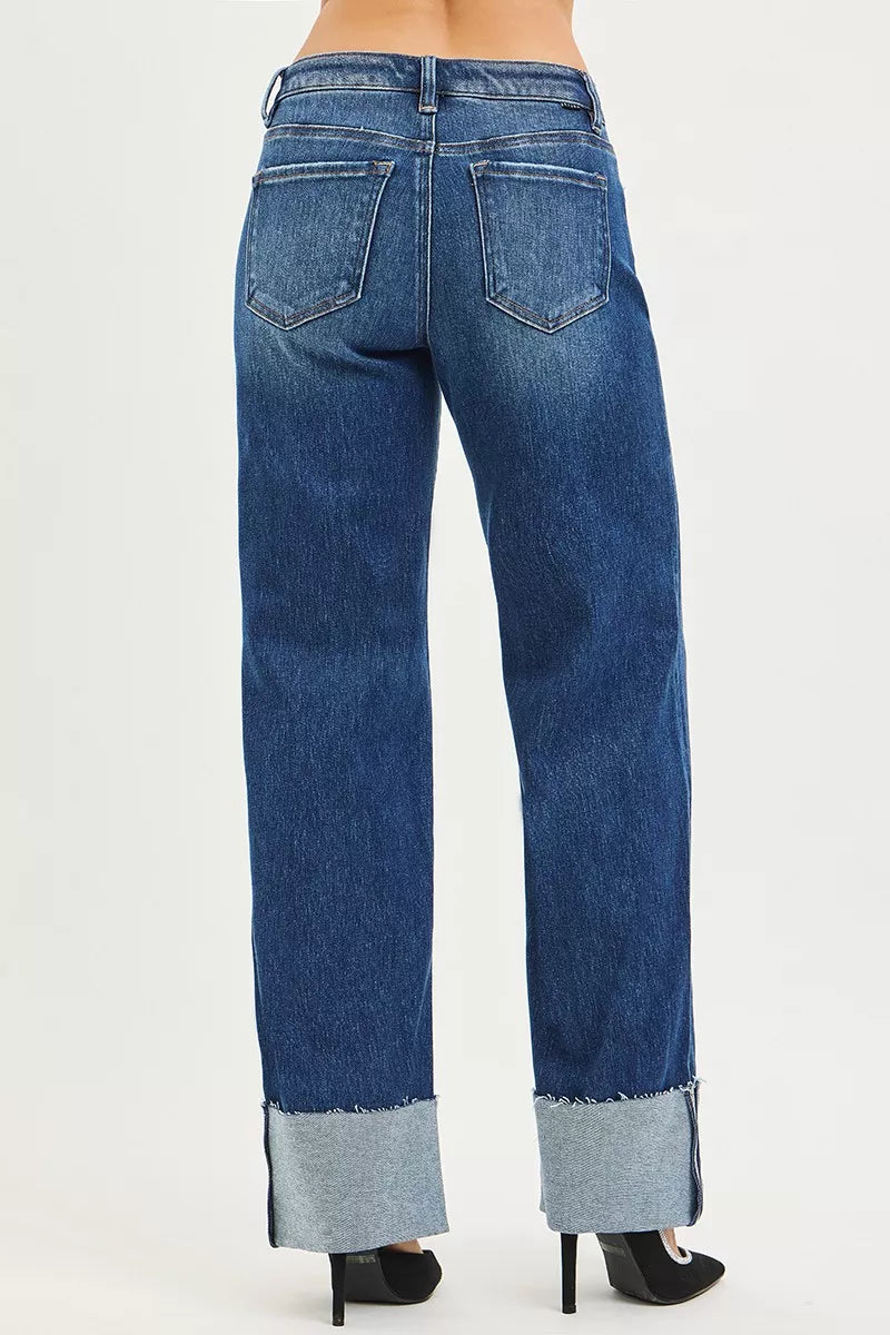 RISEN dark wash wide straight jeans full length styling