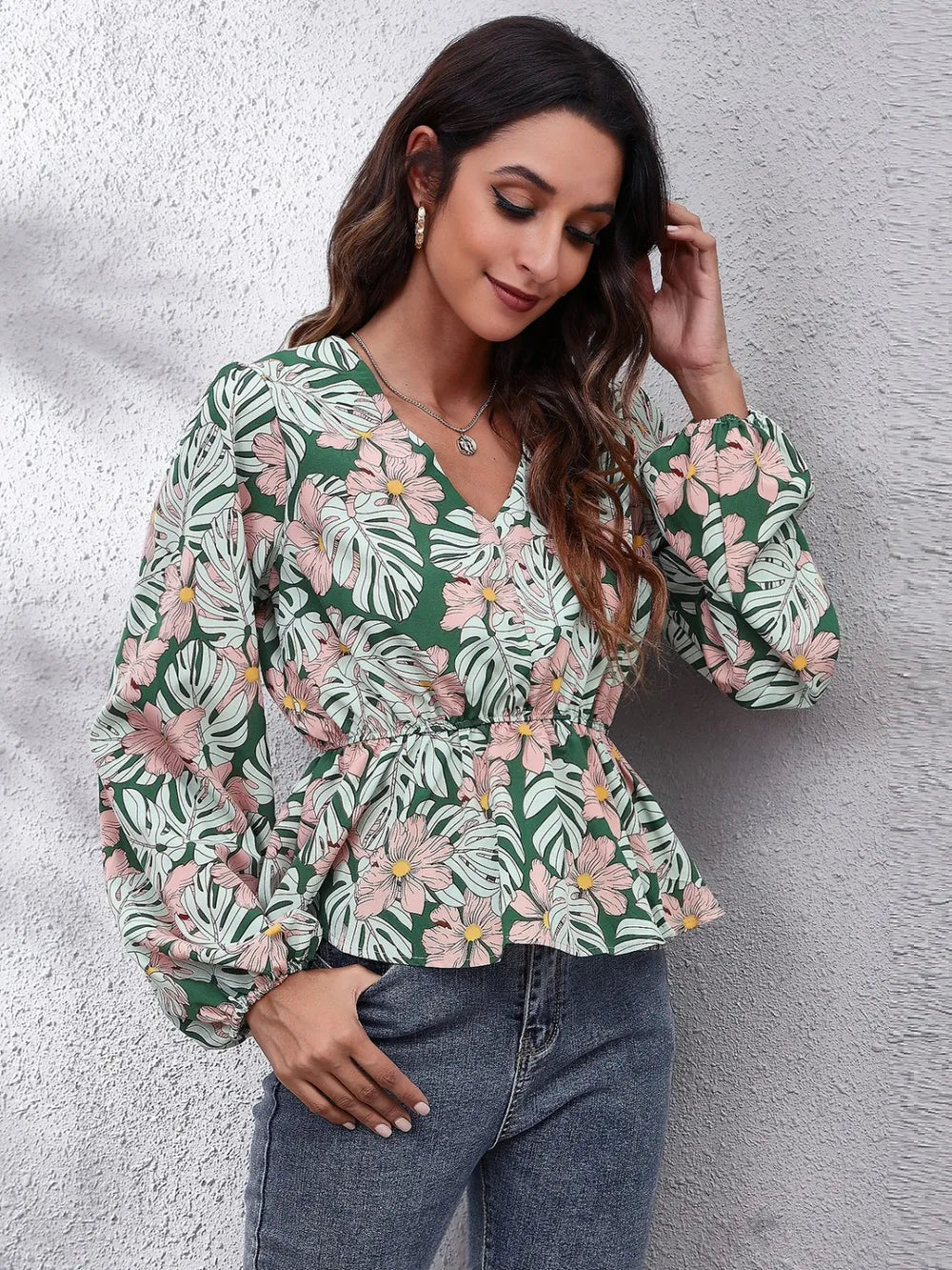 Floral V-Neck Balloon Sleeve Peplum Blouse - Fashorio
