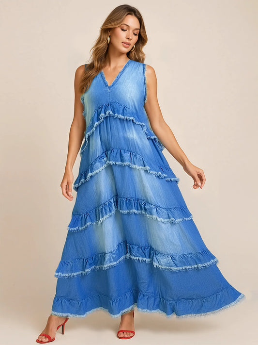 Raw Hem Layered Denim Maxi Dress Blue - Fashorio