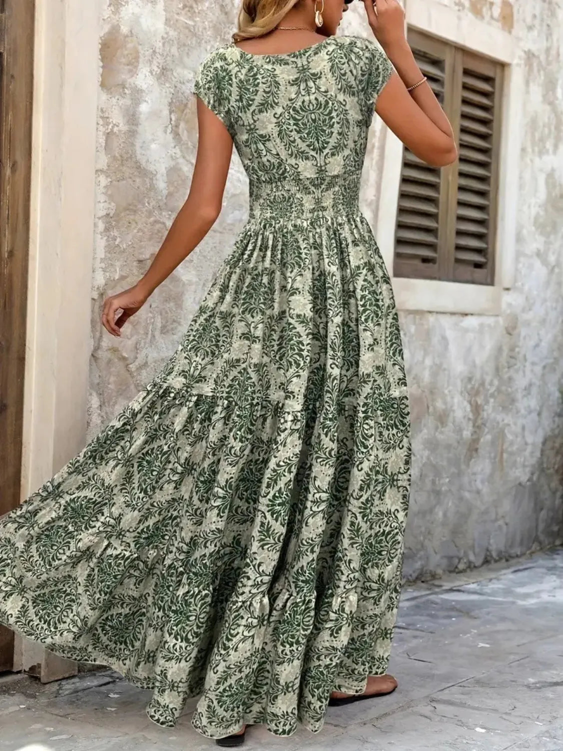 Vintage floral cap sleeve maxi dress side view