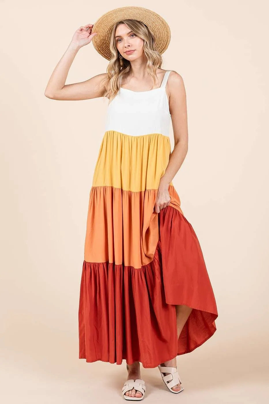 Mittoshop color block tiered maxi dress in apricot multi back view