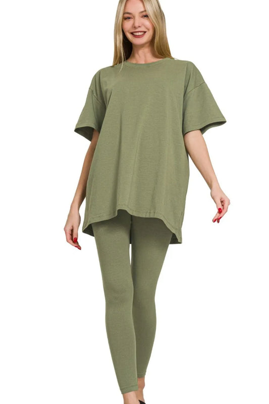 Zenana Cotton Round Neck Top & Legging Set LT OLIVE - Fashorio