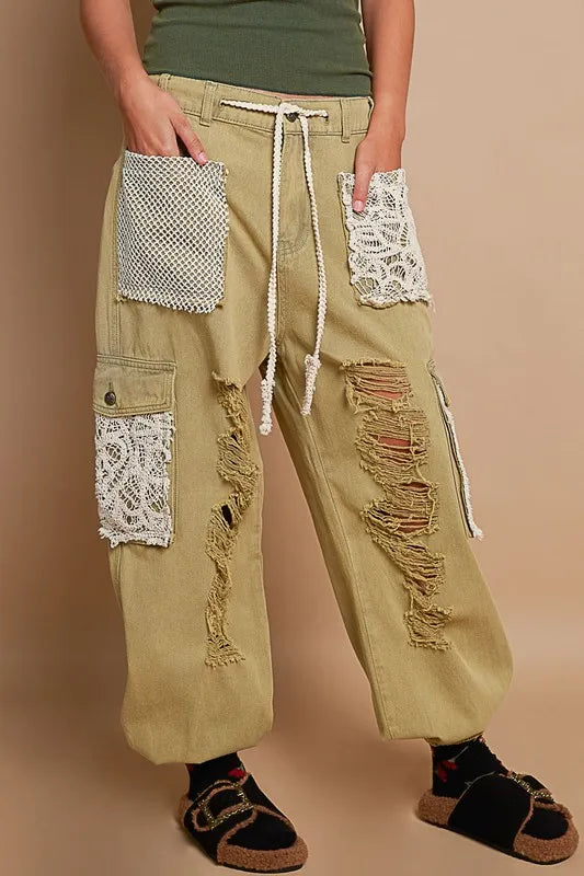 POL Crochet Patch Distressed Washed Jeans Olive - Fashorio