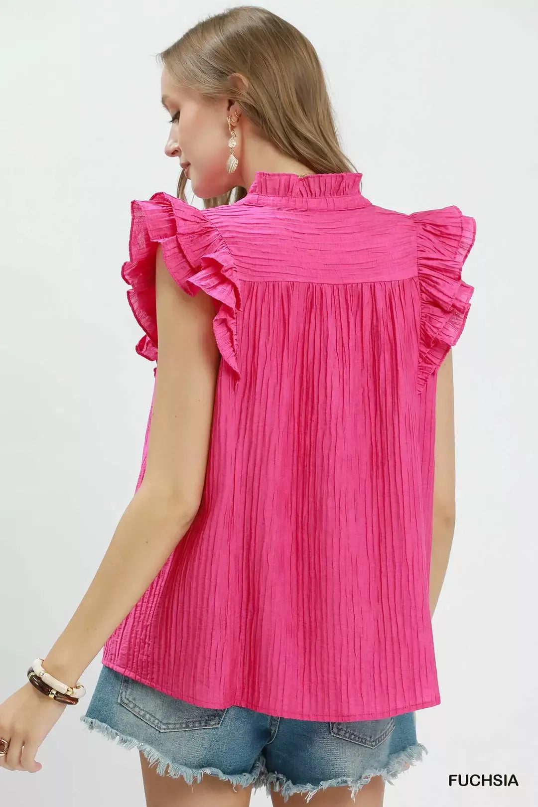 Umgee ruffle sleeve split V neck top in fuchsia side view