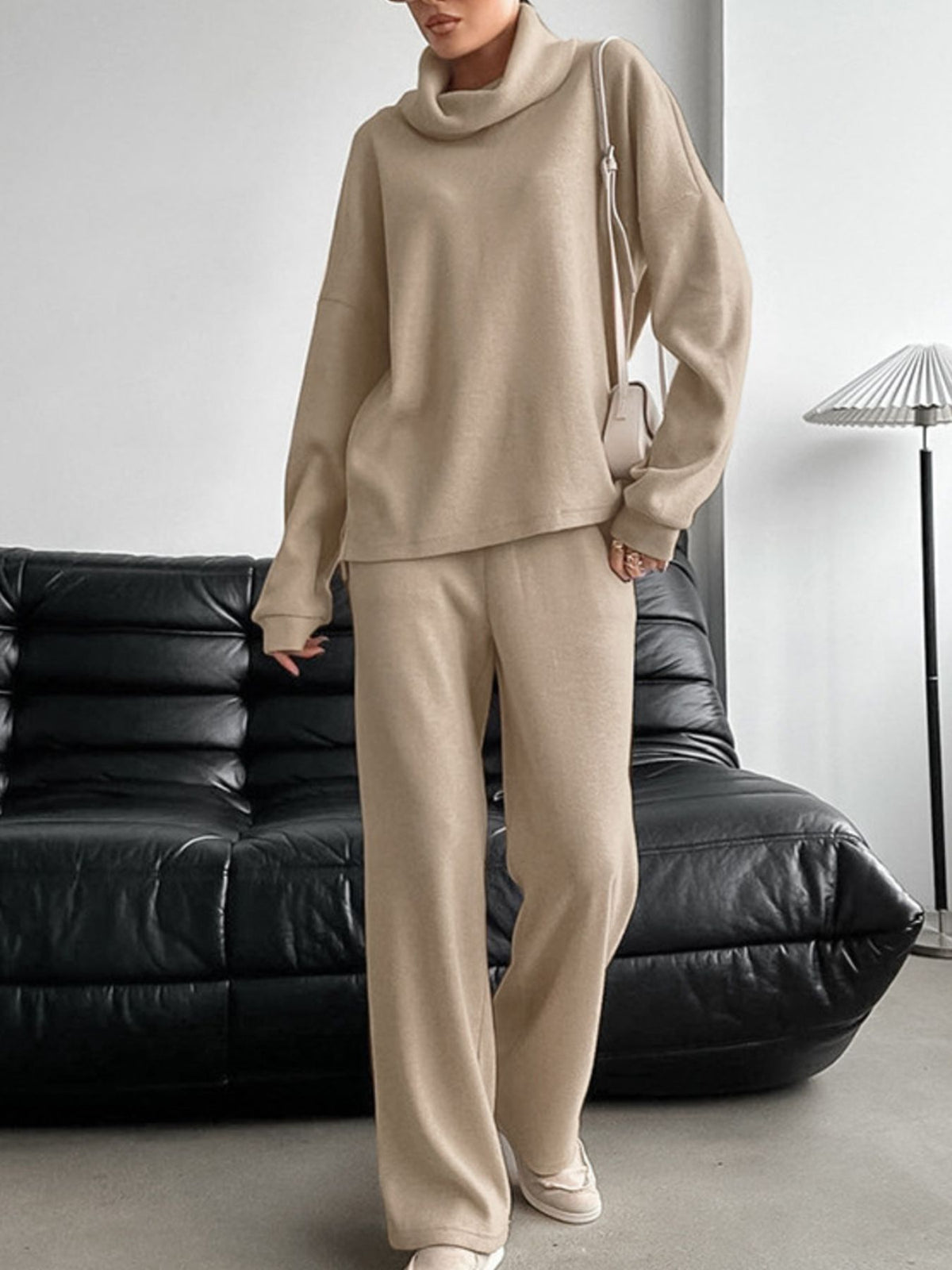Khaki turtleneck long sleeve top and pants set front view
