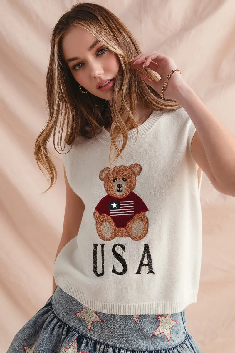 SO ME Teddy Bear Wearing An American Flag With Usa Embroidered Sweater Vest - Fashorio