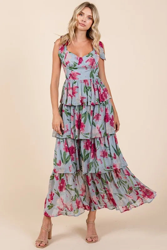 Layered floral sweetheart neck maxi dress front