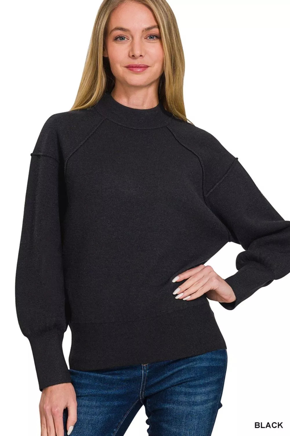 Viscose Mock Neck Exposed Seam Sweater in Black