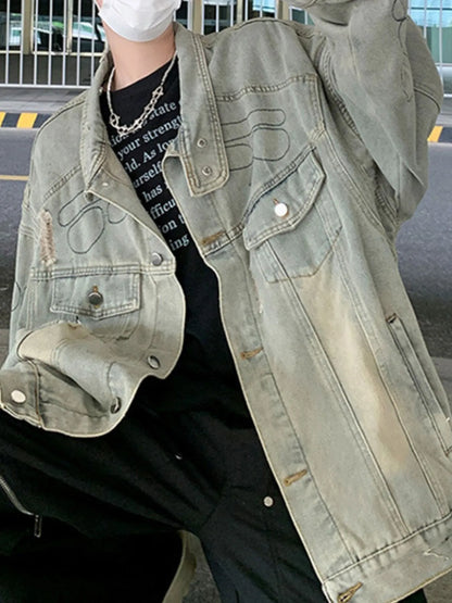 Men's Plus Size Distressed Button Up Denim Jacket Blue - Fashorio