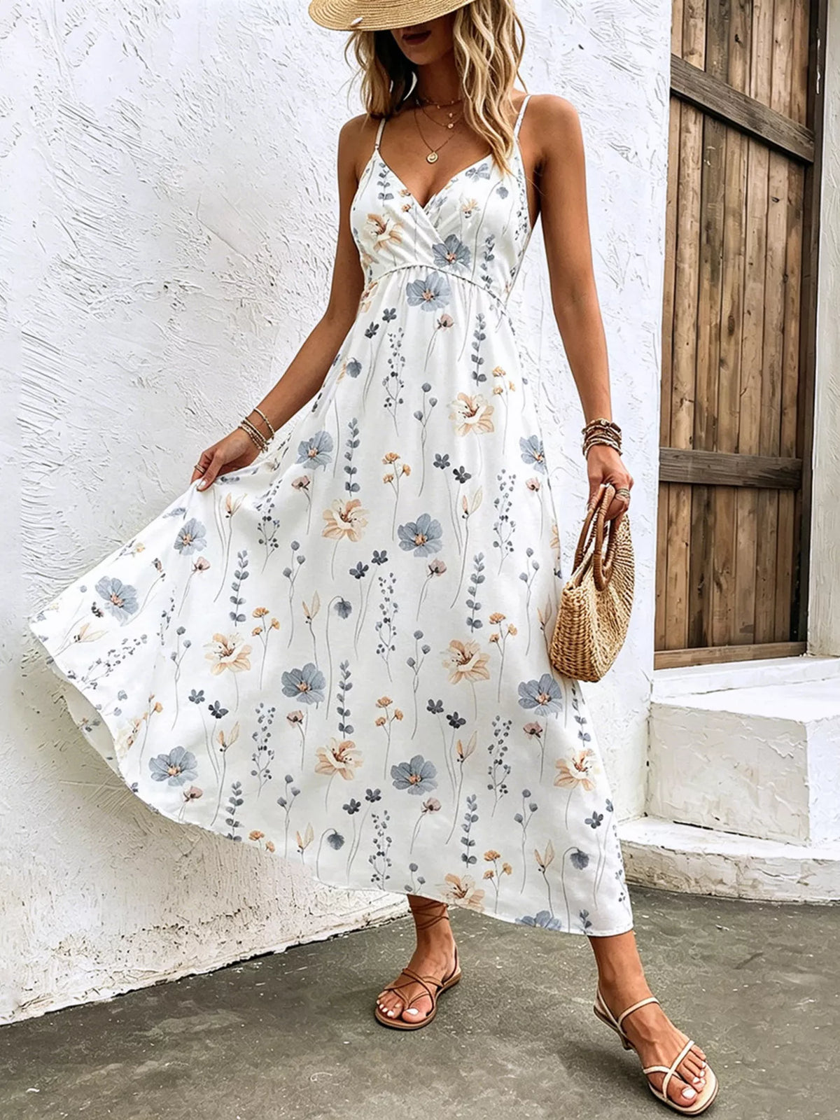 Close view of the ruched bodice on the spaghetti strap dress