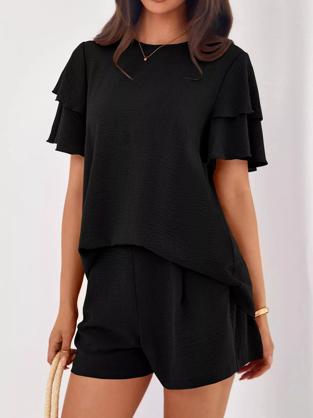 Matching ruffle sleeve top and shorts outfit