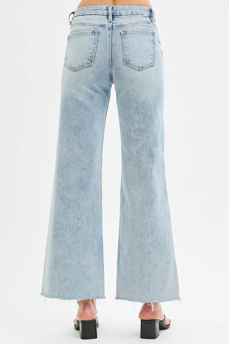 RISEN Full Size Tummy Control Low Rise Wide Leg Raw Cut Hem Jeans Plus Size - Fashorio