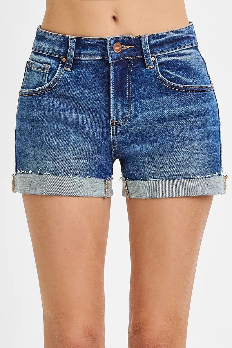 Dark wash denim low rise cuffed shorts front view